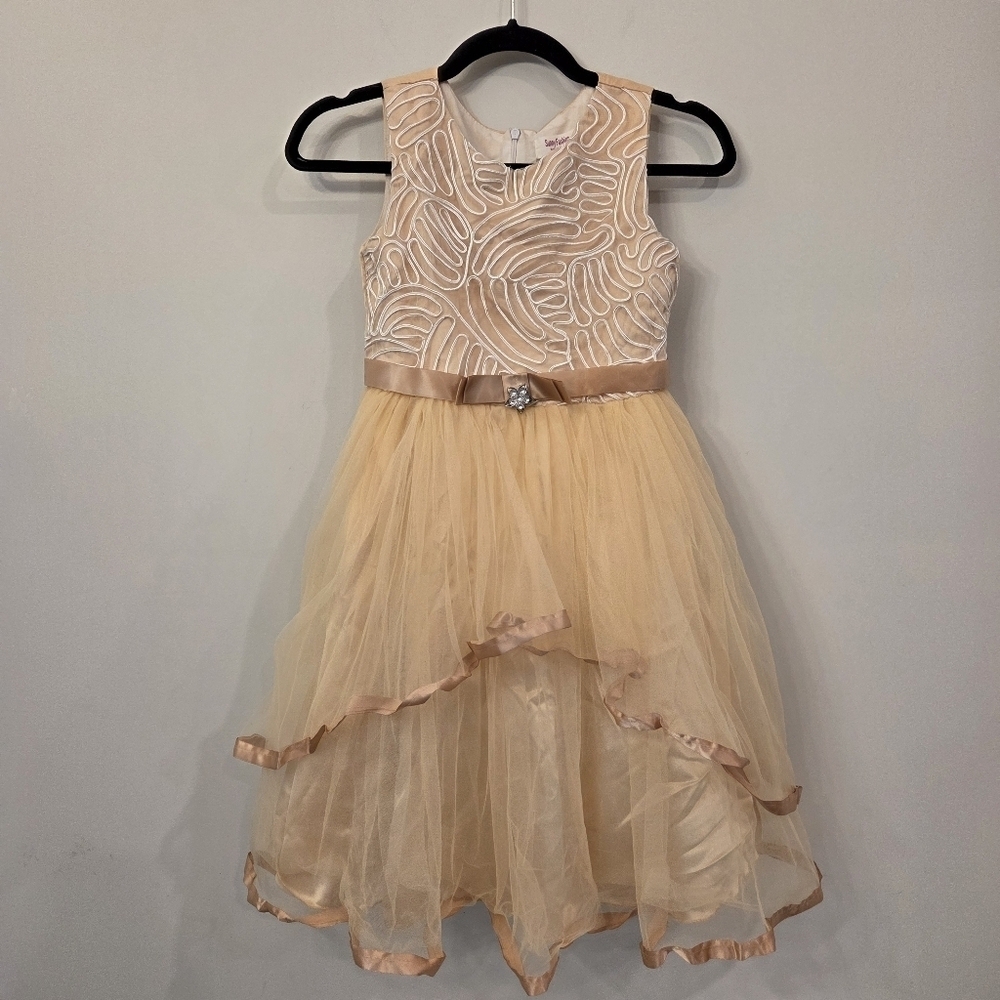 Girls Sunny Fashion Cream/TanChiffon w/Satin Ribbon Hem Sleeveless Dress Size 10